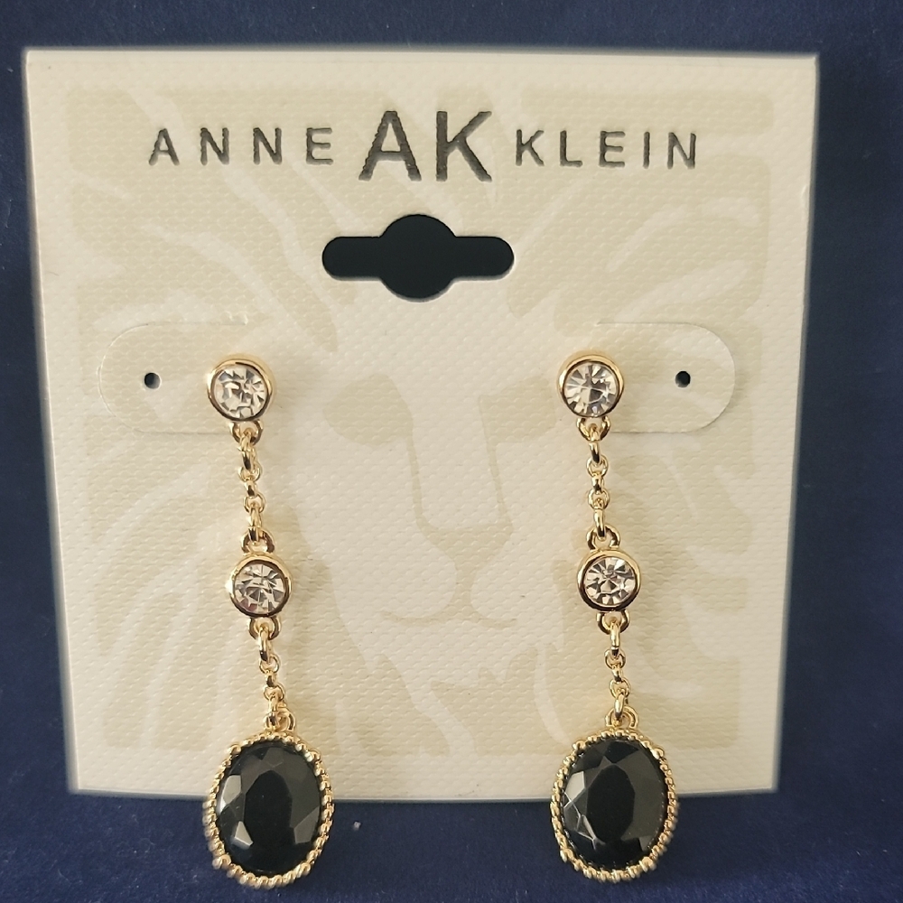 Elegant Anne Klein Gold-Tone Drop Earrings with Black and Clear Stones